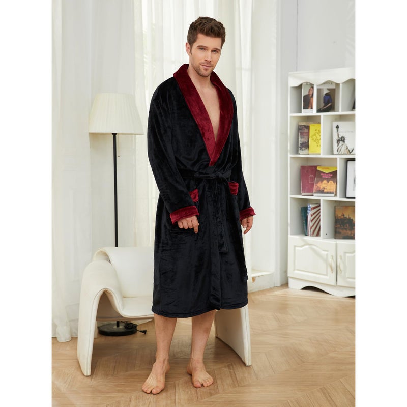 U2SKIIN Mens Fleece Robe Plush Collar Shawl Bathrobe(Black/Dark Red,L/XL) - Image 2